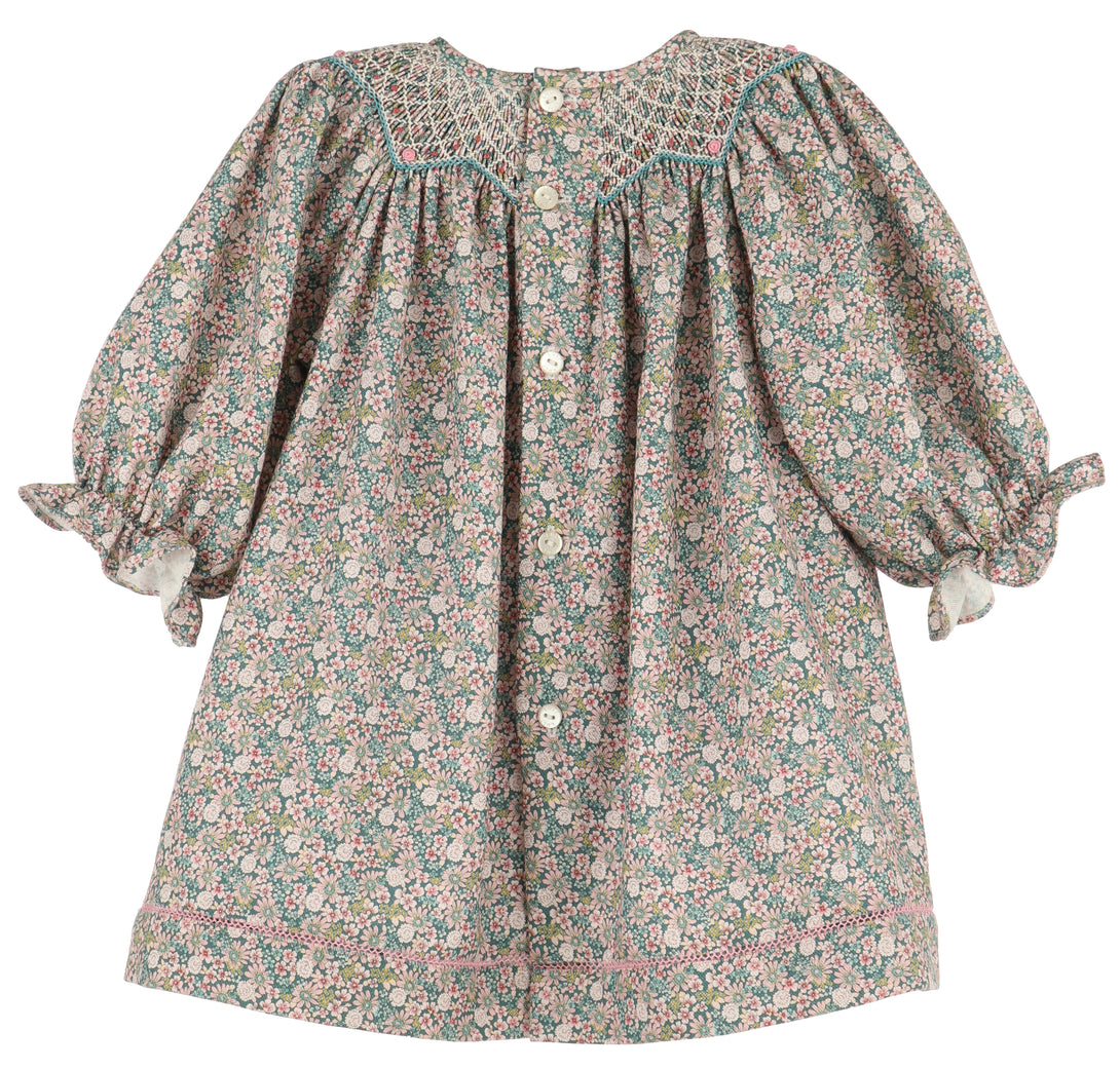 Forest Floral Teal Smocked Bishop Dress