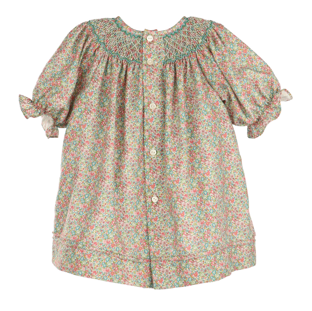 Sugarplum Bouquet Teal Smocked Bishop Dress