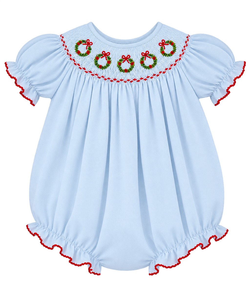 Girl's Christmas Wreath Smocked Bubble