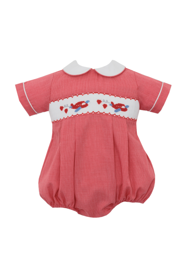 Red Micro Check Airplane Heart Smocked Bubble