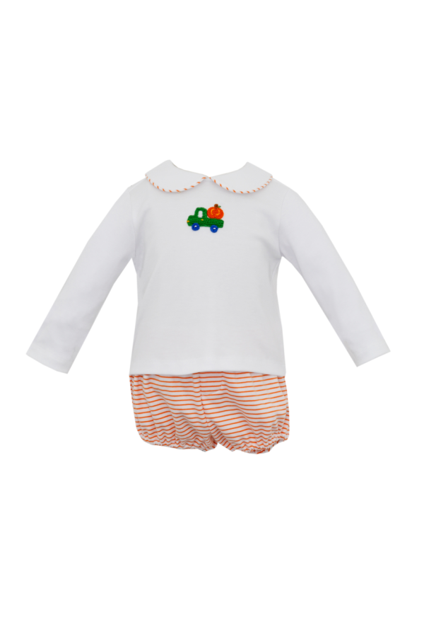 Orange and White Stripe Knit Embroidered Truck with Pumpkin Diaper Set