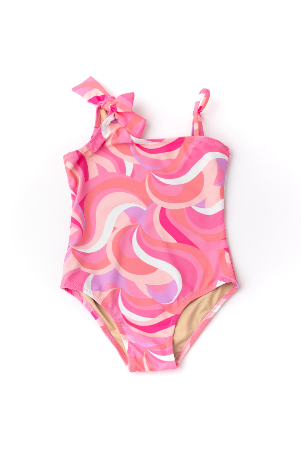 One Shoulder One Piece Pink Waves