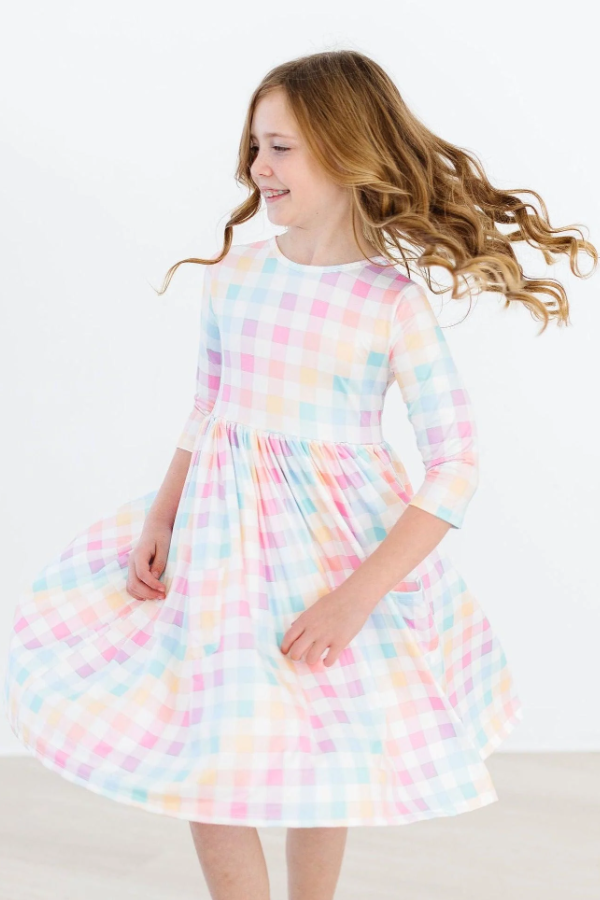 Pastel Plaid 3/4 Sleeve Pocket Twirl Dress