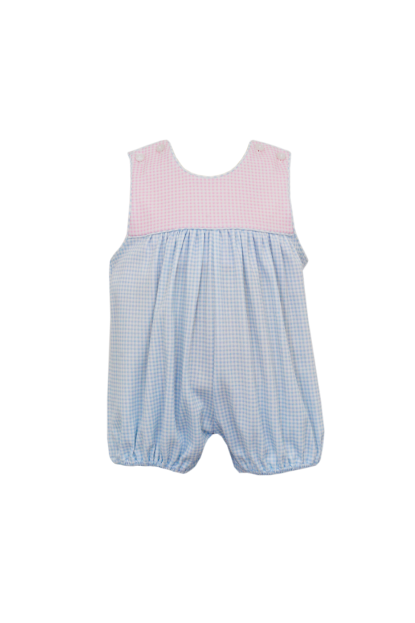 Sienna Colorblock Romper in Pink and Blue Gingham Knit