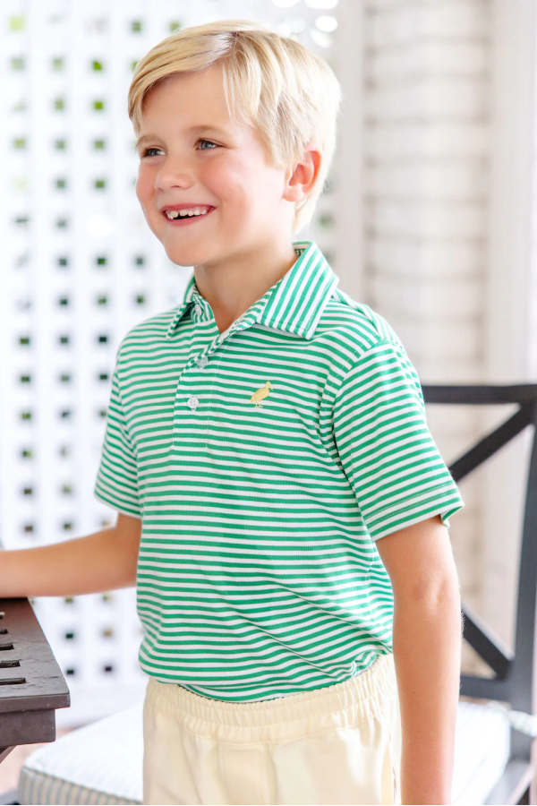 Prim and Proper Polo Short Sleeve Kiawah Kelly Green Stripe with Bellport Yellow Stork