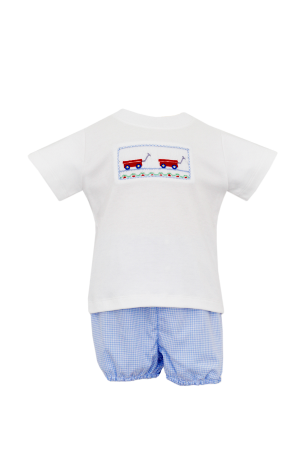 Red Wagon Smocked Boy Short Set - Blue Gingham