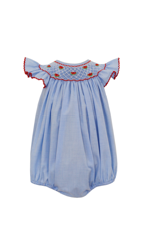 Blue Gingham Watermelon Smocked Angel Wing Bubble