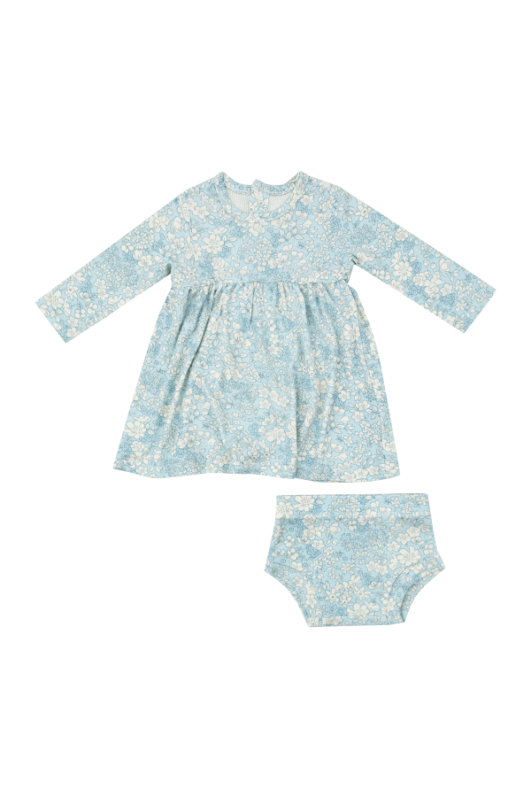 Ribbed Blue Meadow Floral Dress and Bloomer Set