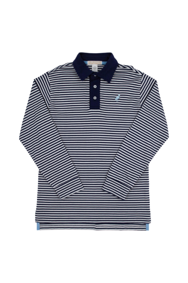 Prim and Proper Polo Long Sleeve in Nantucket Navy Stripe with Beale Street Blue Stork