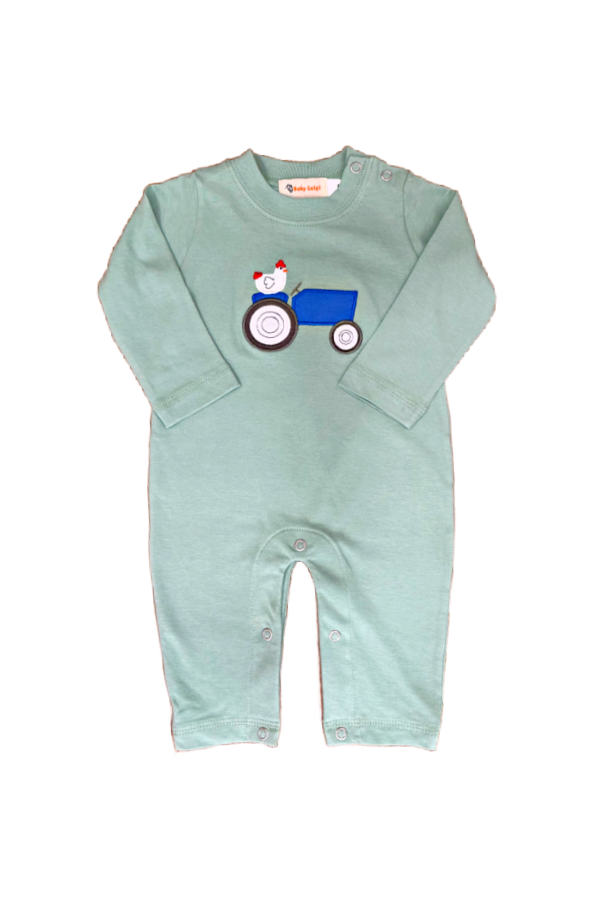 Tractor with Chicken Applique Romper Sage