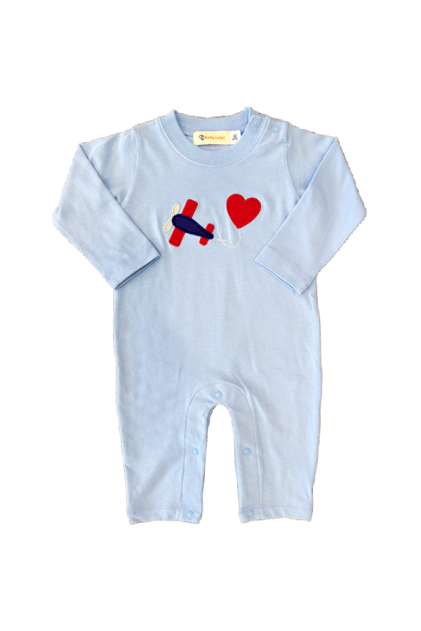 Airplane with Heart Trail Applique Romper Sky Blue