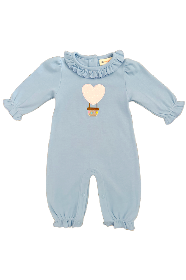 Heart Air Balloon Applique Ruffled Romper Sky Blue