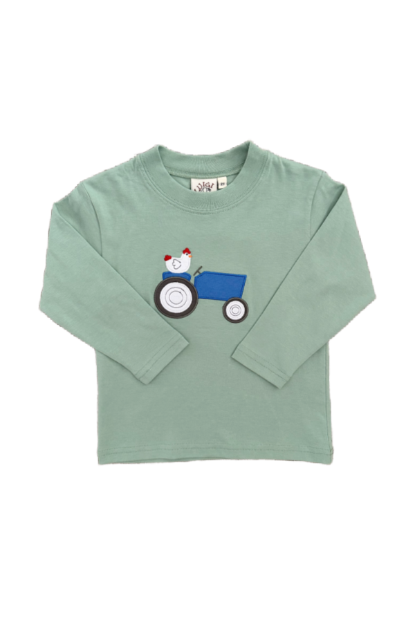 Tractor with Chicken Applique Long Sleeve T-Shirt Sage