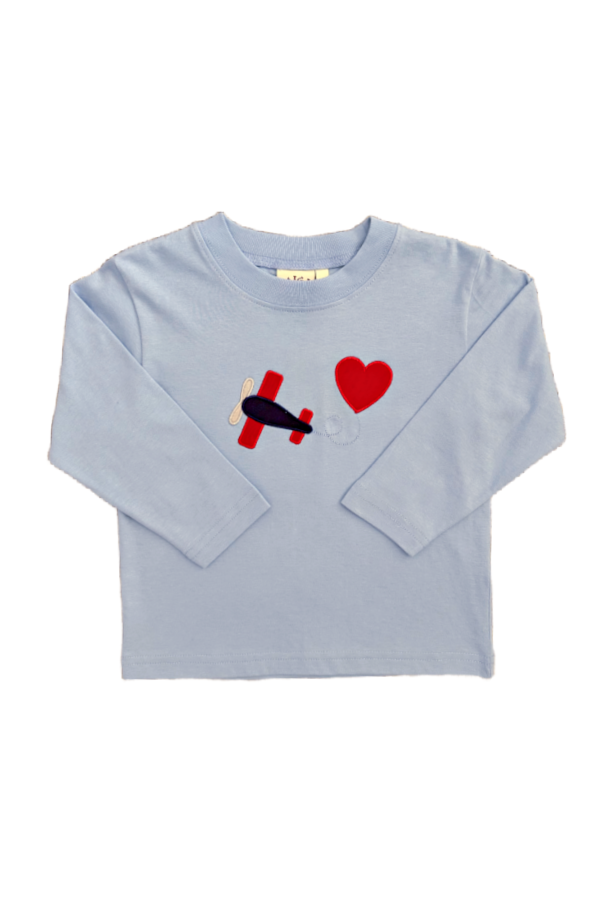 Airplane with Heart Trail Applique Long Sleeve Shirt Sky Blue