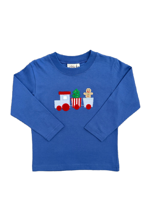 Train with Tree and Gingerbread Applique Long Sleeve Shirt Dark Chambray