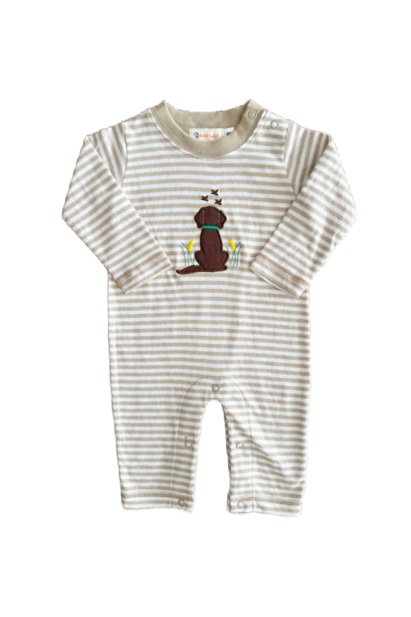 Dog Hunting Ducks Romper Sand and White Stripe