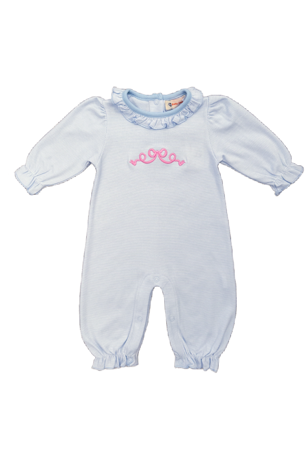 Embroidered Bow Ruffled Romper Baby Blue Stripe