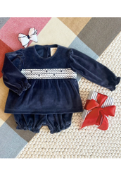 Smocked Bon Air Bloomer Set Velour Nantucket Navy