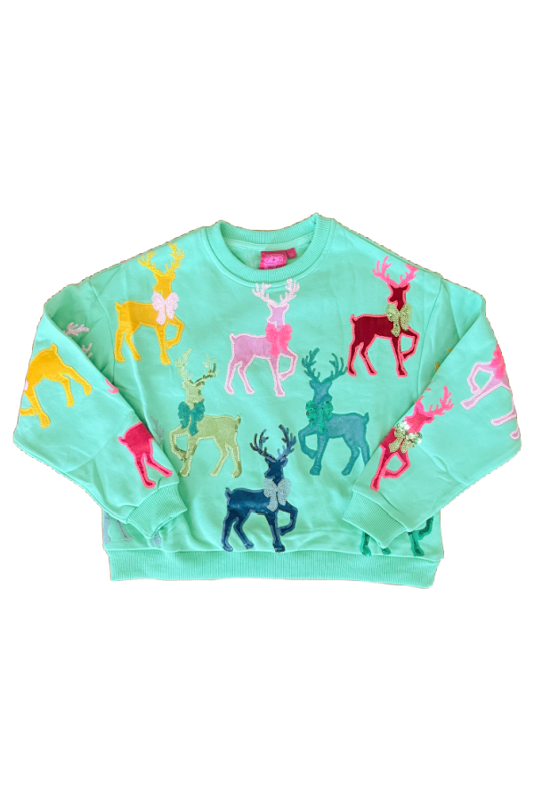 Kids Mint Green Sweatshirt with Velvet Reindeer and Bows