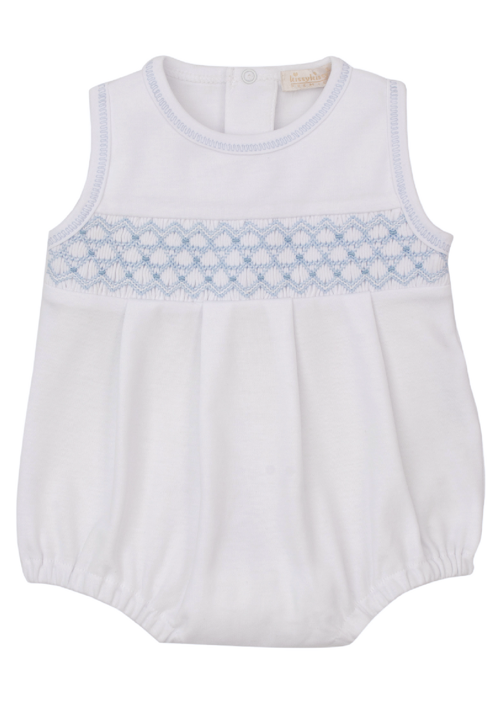 CLB Summer25 Hand Smocked White Bubble Blue Geo Smocking