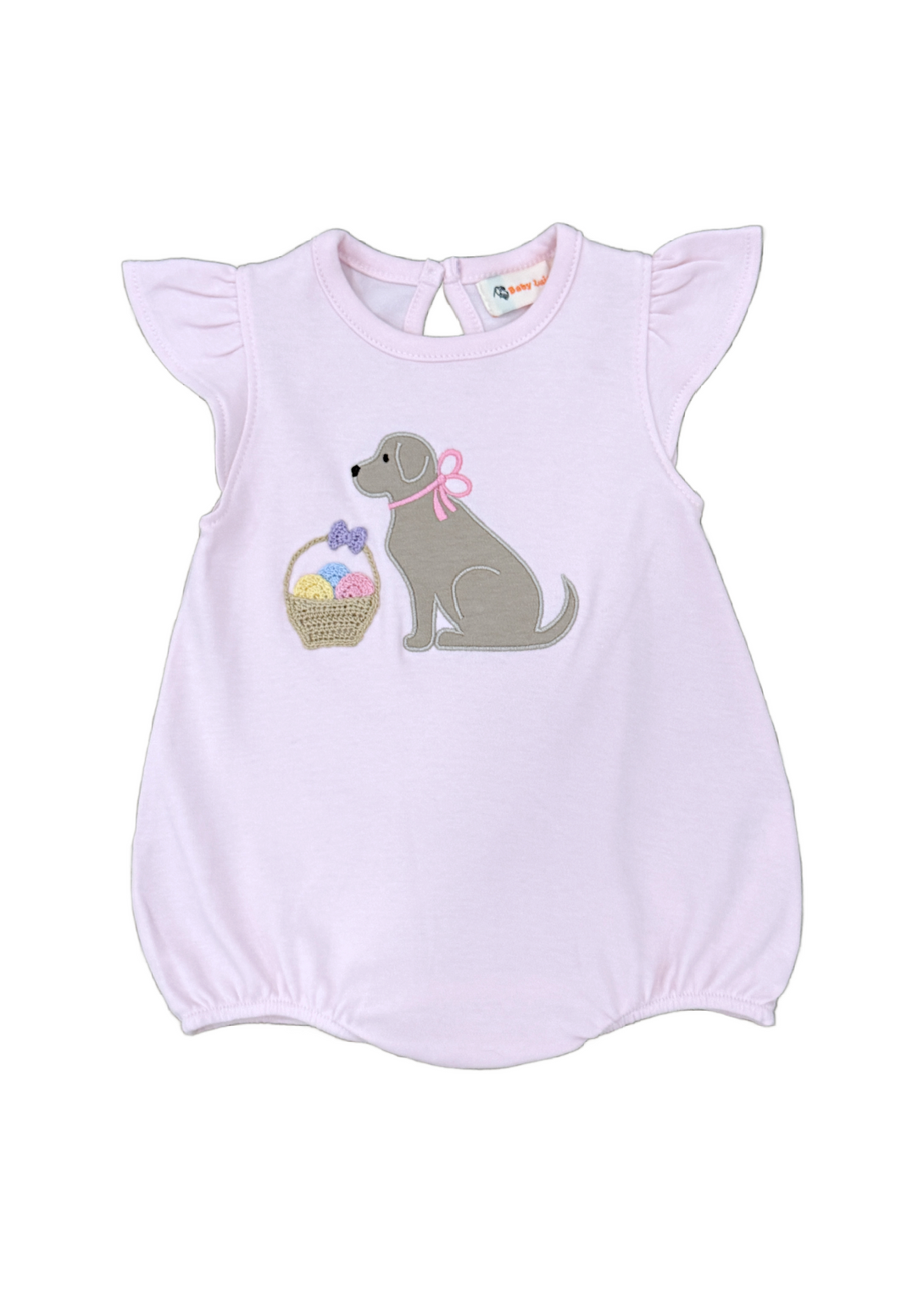 Lab Sitting With Easter Eggs Pink Applique Bubble