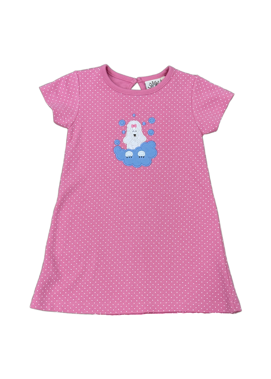 Poodle In Cloud Short Sleeve A-Line Applique Dress Bubblegum Pink White Dots