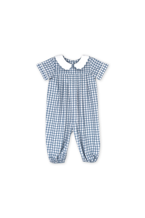 Precious Pleated Romper in Stone Blue Check