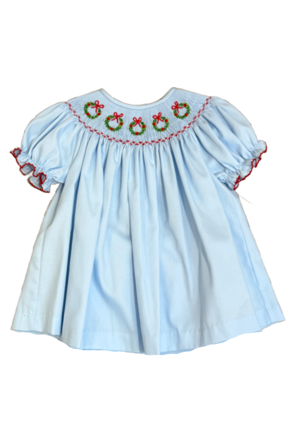 Christmas Wreath Smocked Bishop Dress