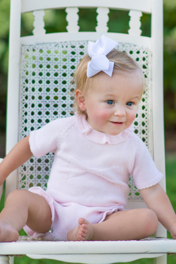 Short Sleeve Bubble with Bow and Ruffle Neckline - Pink