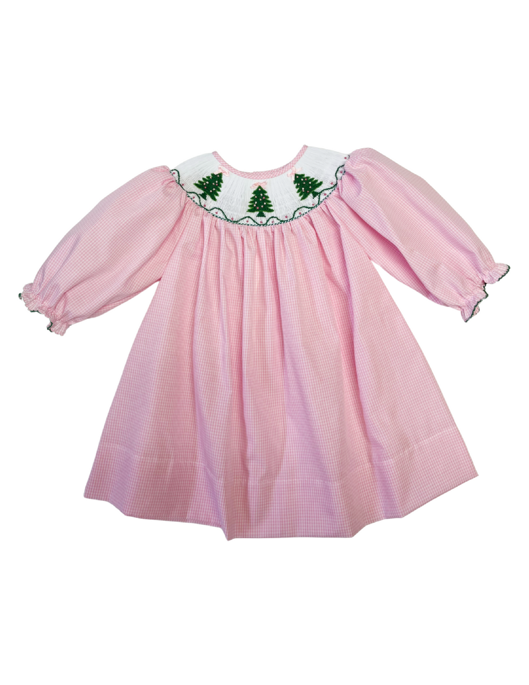 Emma Christmas Tree Long Sleeve Smocked Bishop Dress