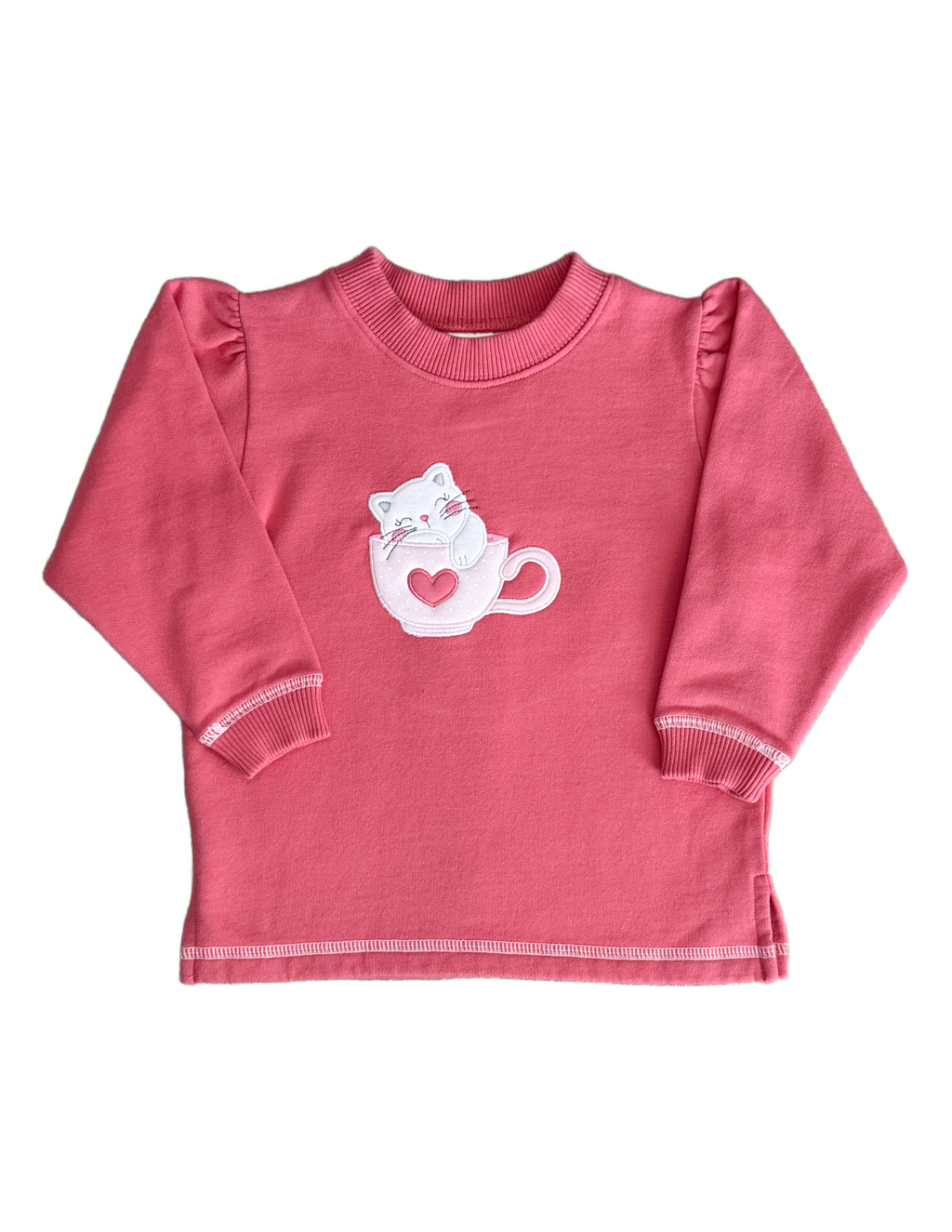 Coral Teacup with Kitten Applique Sweatshirt