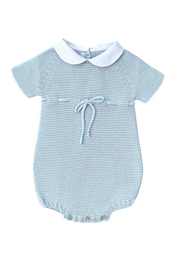 Short Sleeved Garter Stitch Romper with Drawstring and Collar - Blue