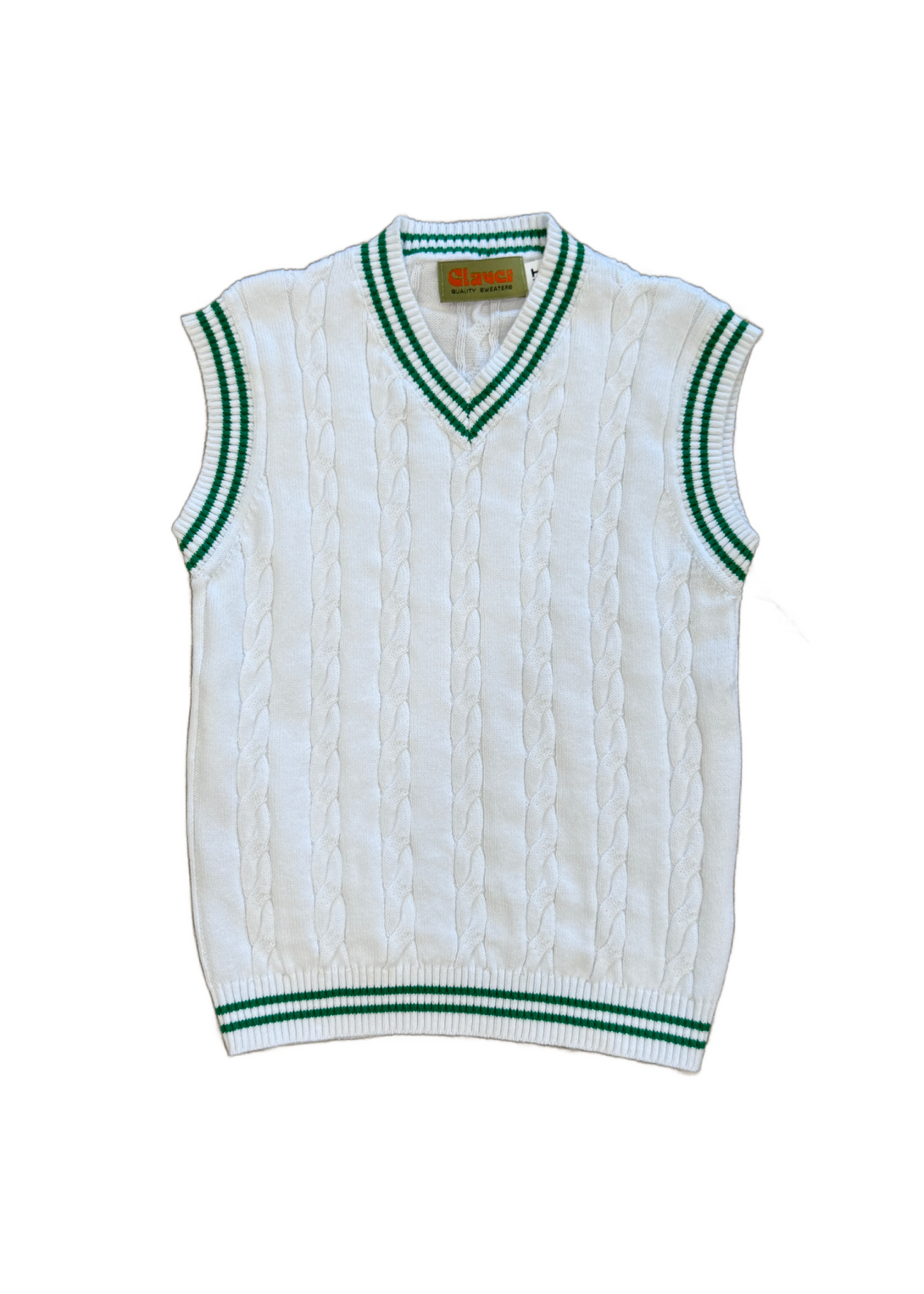 V-Neck Cable Vest White with Kelly Green