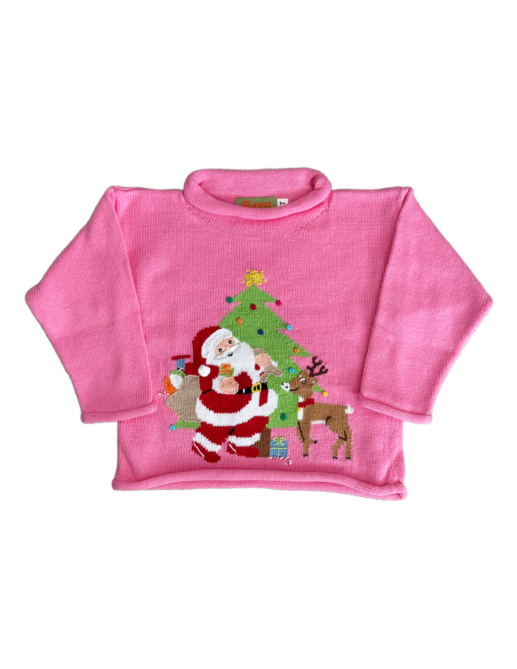 Christmas Tree with Santa Roll Neck Sweater Pink