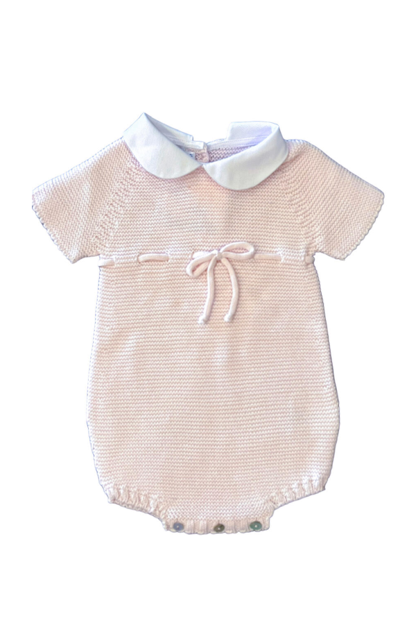 Short Sleeved Garter Stitch Romper with Drawstring and Collar - Pink