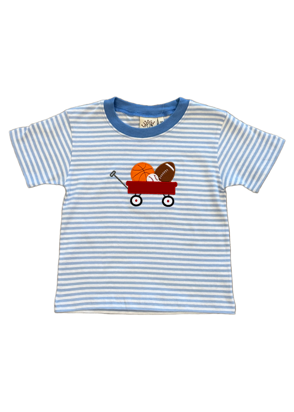 Wagon with Sport Balls Sky Blue and White Stripe T-Shirt