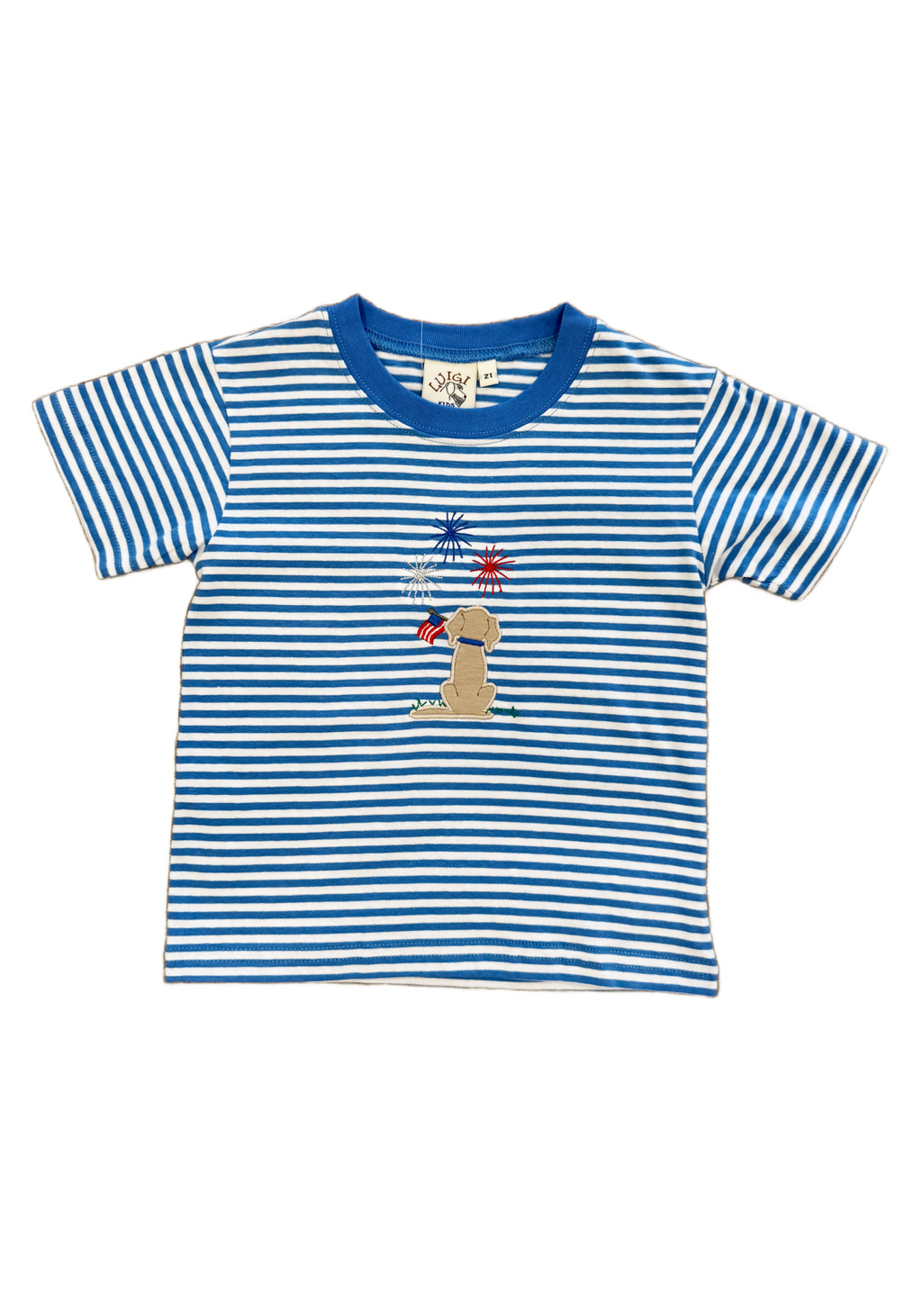 Lab with Flag Watching Fireworks Medium Blue and White Stripe T-Shirt