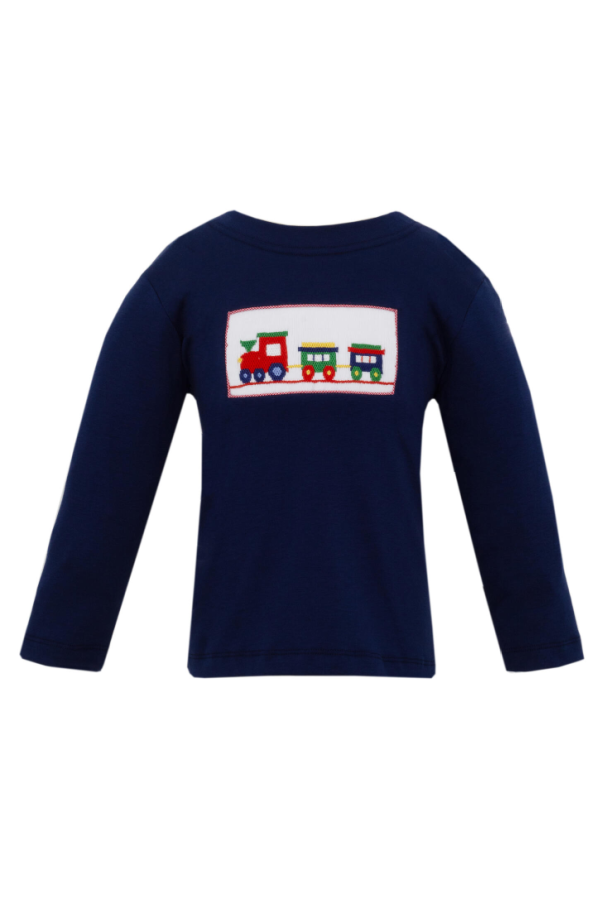 Christmas Train Smocked Navy Blue Boy's T-shirt L/S PRE-ORDER