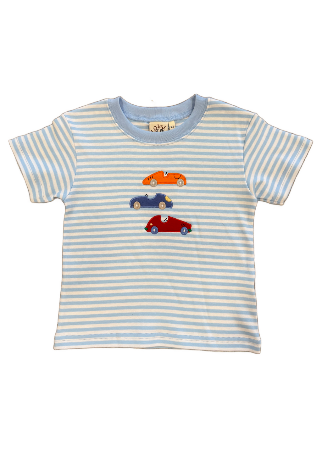 Three Stacked Cars Light Sky Blue and White Stripe T-Shirt