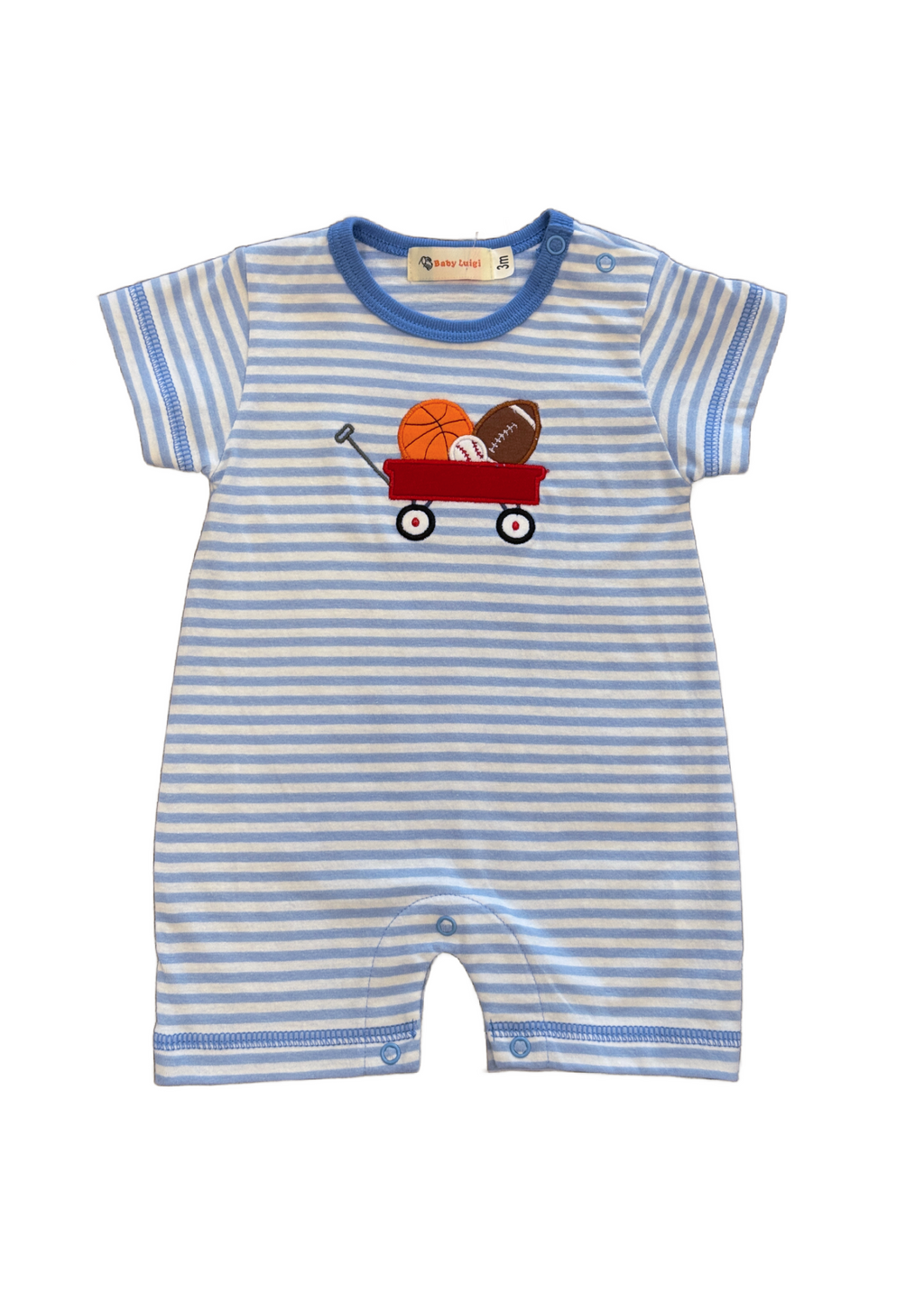 Wagon with Sport Balls Sky Blue and White Stripe Romper