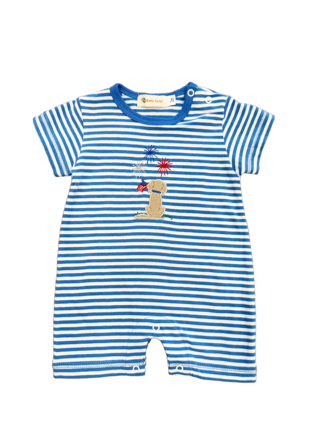 Lab with Flag Watching Fireworks Medium Blue and White Stripe Romper