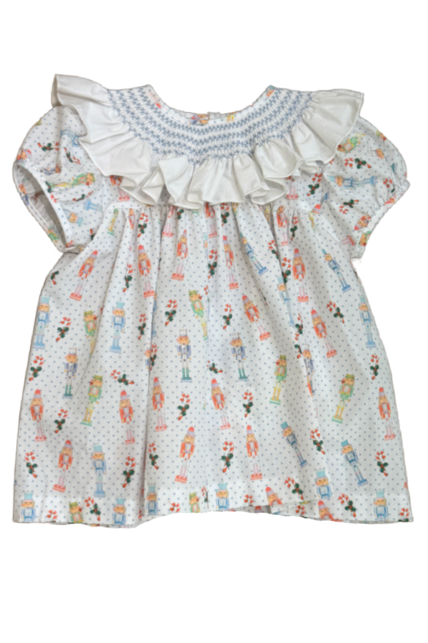 Nutcracker Print Dress with Smocked Ruffle Collar