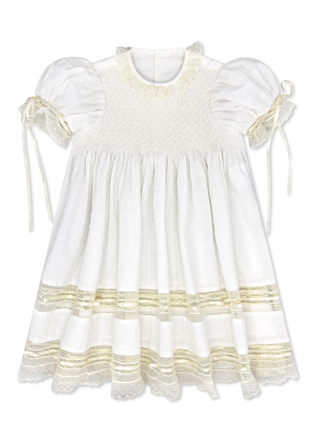 Margaret Dress Spring White Swiss Dot with Ecru Lace and Satin Ribbon Details