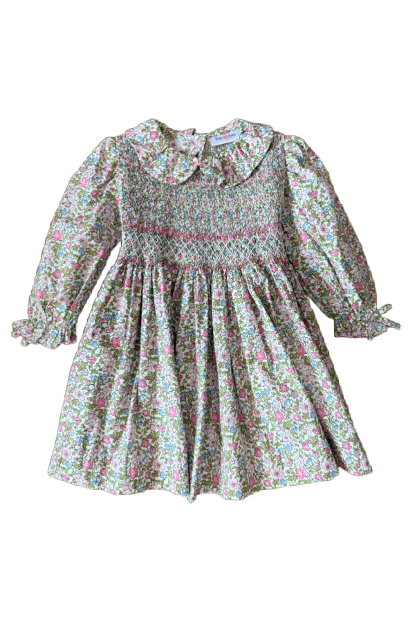 Vintage Pink Floral Long Sleeve Smocked Waist Dress