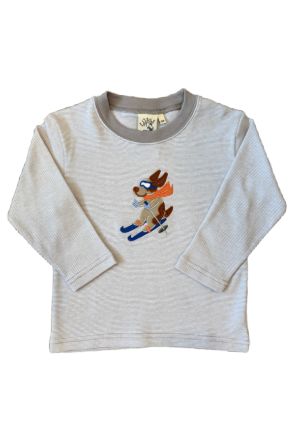 Grey and White Stripe T-Shirt with Dog Skiing Applique