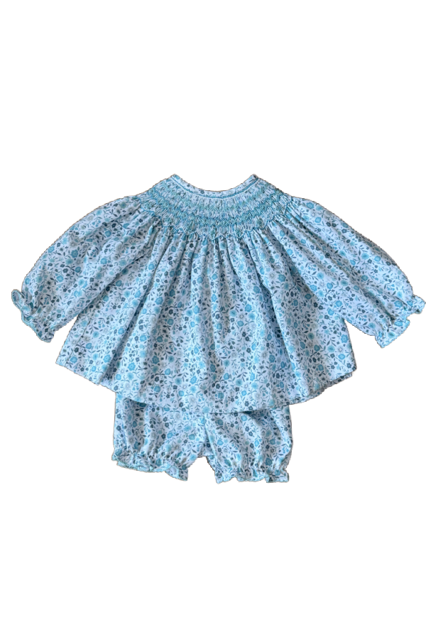 Aqua Floral Long Sleeve Bishop Bloomer Set