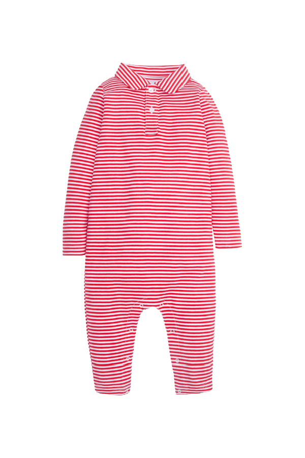 Long Sleeve Striped Polo Romper Red
