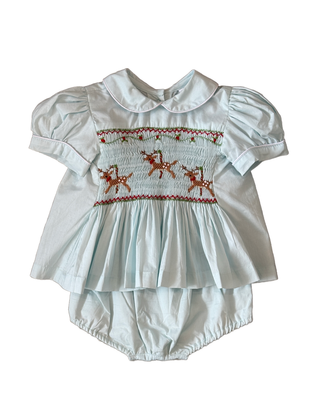 Tiffany Light Blue Reindeer Smocked Bodice Bloomer Set