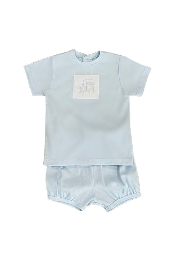 Blue Knit Bloomer Set with Train Applique
