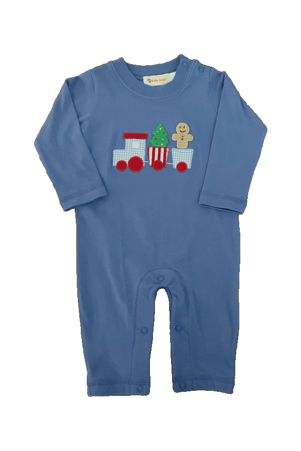 Christmas Train Applique and Crochet Romper Dark Chambray